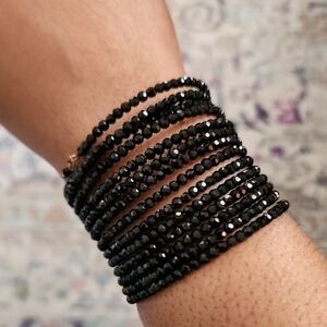 Black Beaded Multi Strand Wrap Bracelet Faceted Stretch Layered Statement